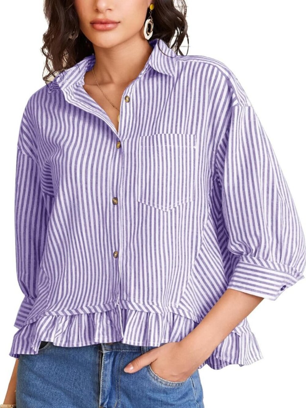 Cropped Striped Button Down Blouse with 3/4 Sleeves & Ruffled Detail for Women